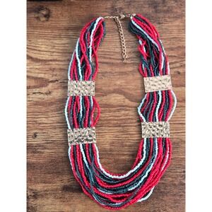 Multi Strand Seed Bead Statement Necklace Red Teal Gold Tone Hammered Accents